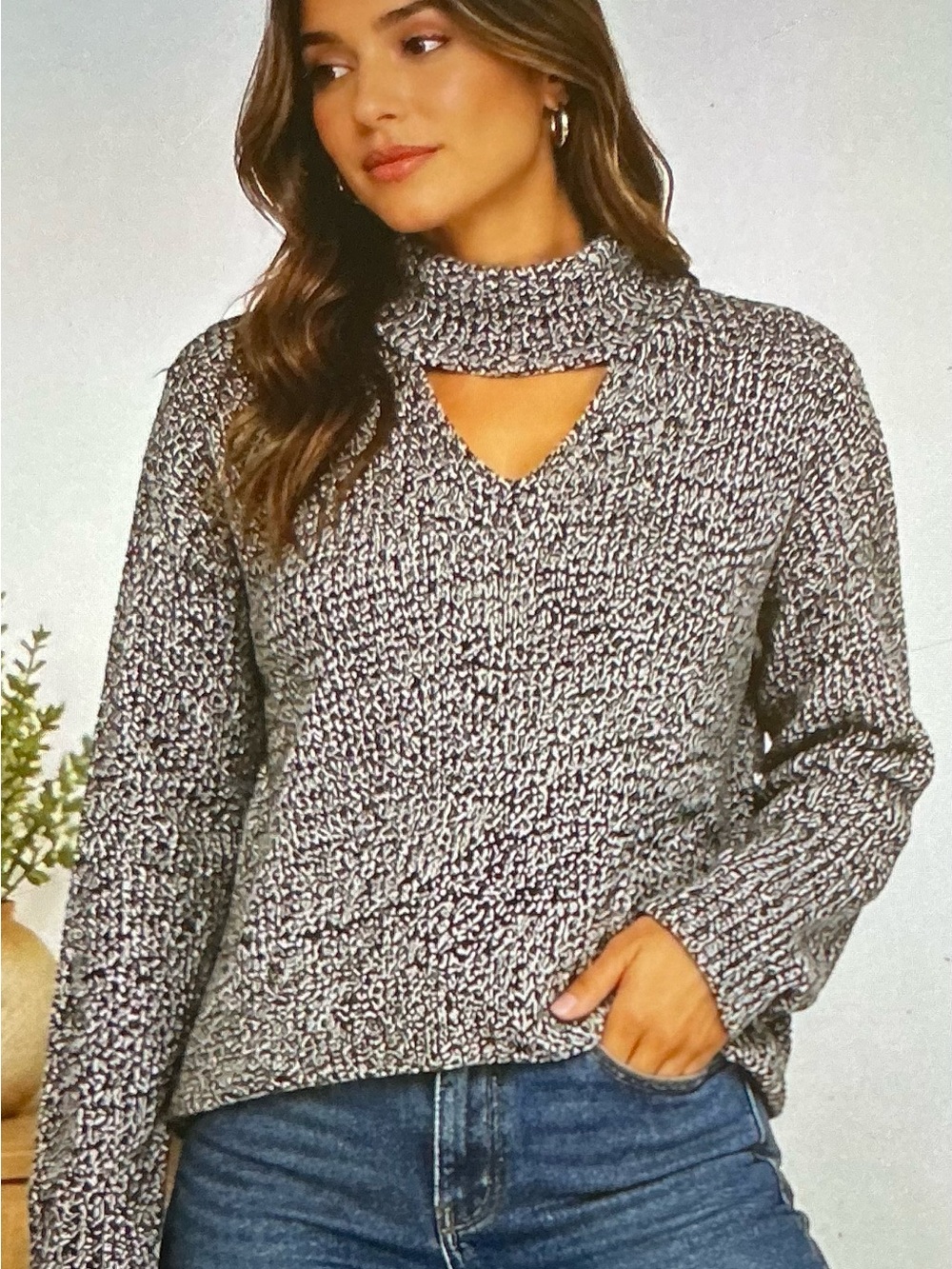 ZARA MOCK NECK KEYHOLE KNIT SWEATER Marbled Black & White